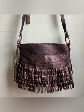 B. Makowsky Kiltie Studded Fringe Leather Crossbody Bag Black
